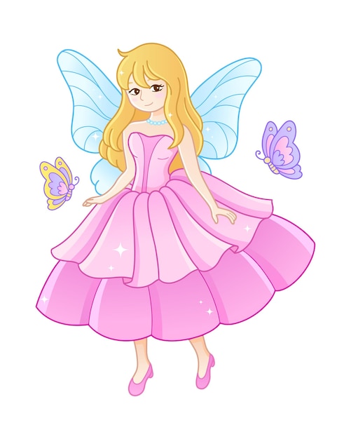 Hermosa hada princesa con ilustración de vector de mariposa