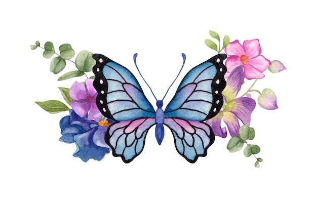 Vector hermosa hermosa mariposa dibujada a mano en acuarela con elementos florales