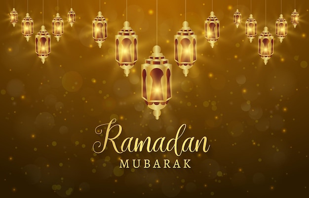 Hermosa ilustración de banner de ramadán kareem de lujo con adorno islámico brillante y diseño de fondo dorado y marrón degradado abstracto