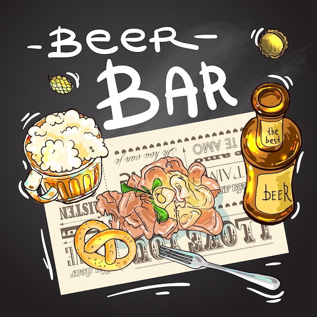 Hermosa ilustración dibujada a mano cerveza y bocadillos vista superior de alimentos