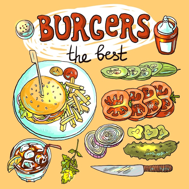 Hermosa ilustración dibujada a mano cocinando hamburguesas vista superior