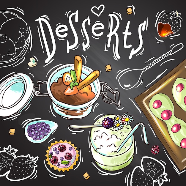 Hermosa ilustración dibujada a mano dulces comida vista superior