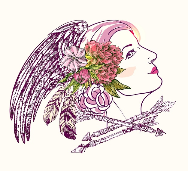 Hermosa ilustración dibujada a mano rostro de mujer con flores flecha y plumas Fasion retrato Estilo boho dibujo