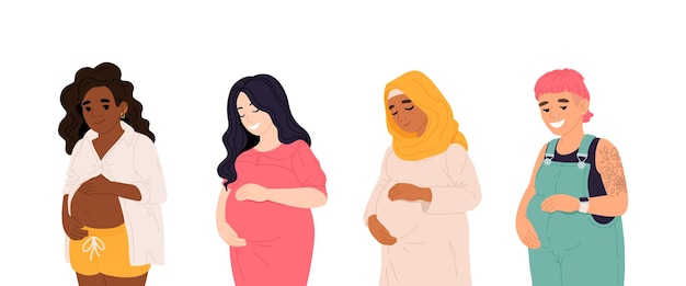 Una hermosa ilustración de diversas personas embarazadas que muestran la maternidad inclusiva y la fuerza en diferentes culturas e identidades