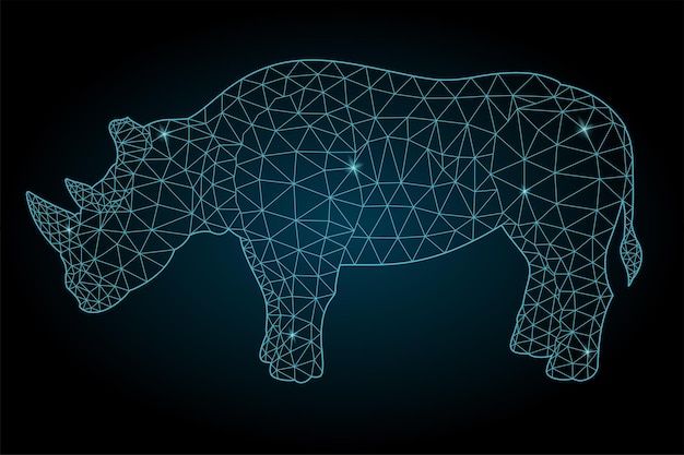 Hermosa ilustración estrellada de polietileno baja con estilizada silueta de rinoceronte azul brillante colorido sobre el fondo oscuro