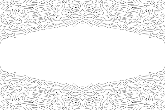 Hermosa ilustración de fantasía de vector lineal monocromático para la página del libro de colorear para adultos con un patrón vintage abstracto con siluetas de dragones y espacio de copia en blanco