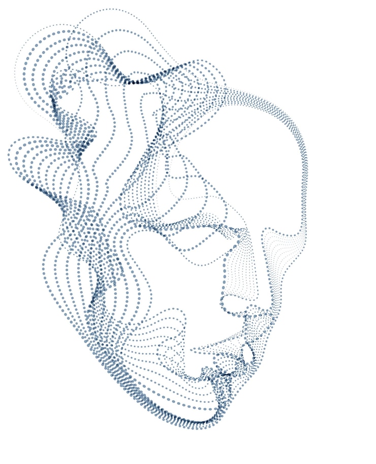 Vector hermosa ilustración futurista de cabeza humana hecha de matriz de flujo de partículas punteadas, líneas de formas onduladas vector alma electrónica de máquinas inteligentes futuristas.