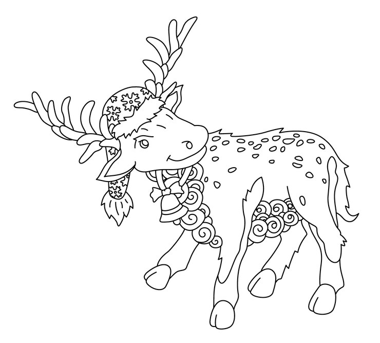 Vector hermosa ilustración lineal monocromática para libro de colorear de navidad con ciervos de dibujos animados