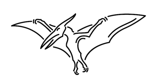Hermosa ilustración lineal monocromo con silueta de pterodáctilo de dibujos animados decorativos aislado sobre fondo blanco