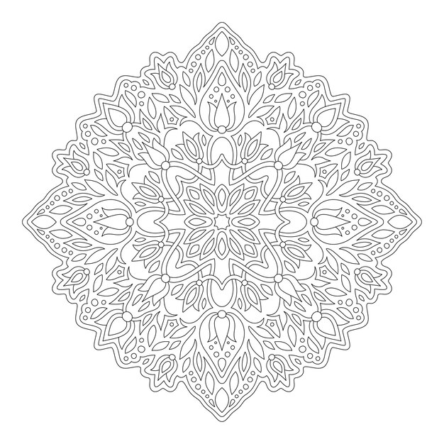Hermosa ilustración monocromática para colorear página de libro con patrón floral lineal redondo aislado sobre fondo blanco.