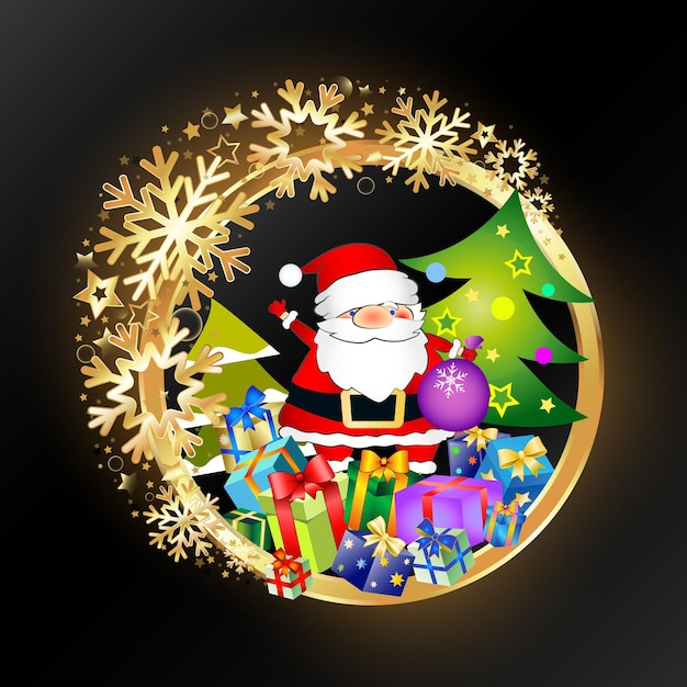 Vector hermosa ilustración navideña con regalos y copos de nieve dorados