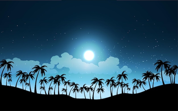 Hermosa ilustración de noche tropical dramática con luna llena