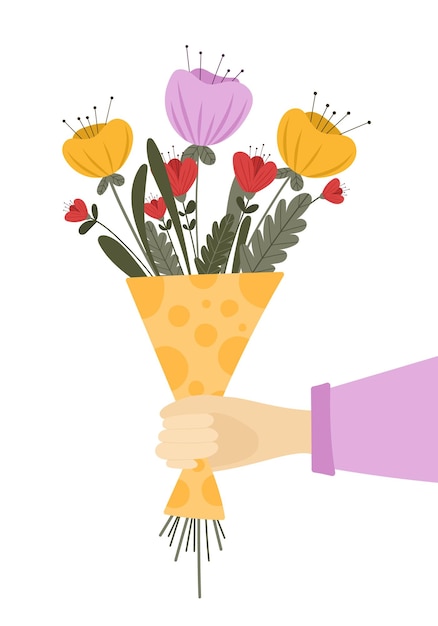Hermosa ilustración de ramo de primavera Mano sostiene ramo con flores brillantes