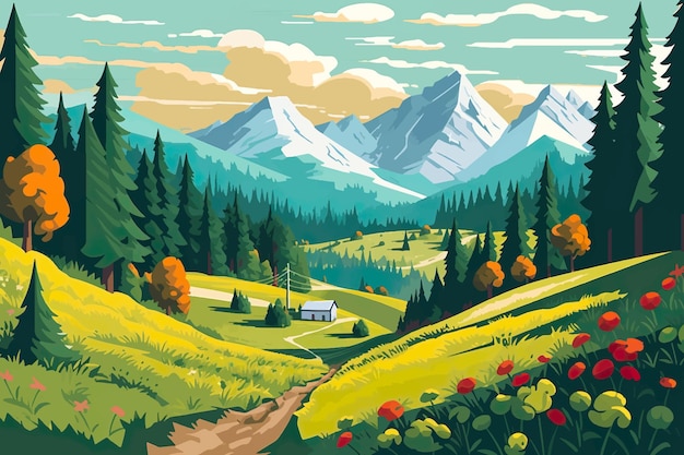 hermosa ilustración de sabana con fondo de montaña