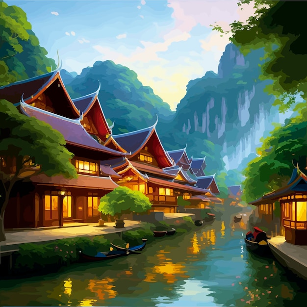 Una hermosa ilustración tradicional de los canales de la aldea tailandesa y del río