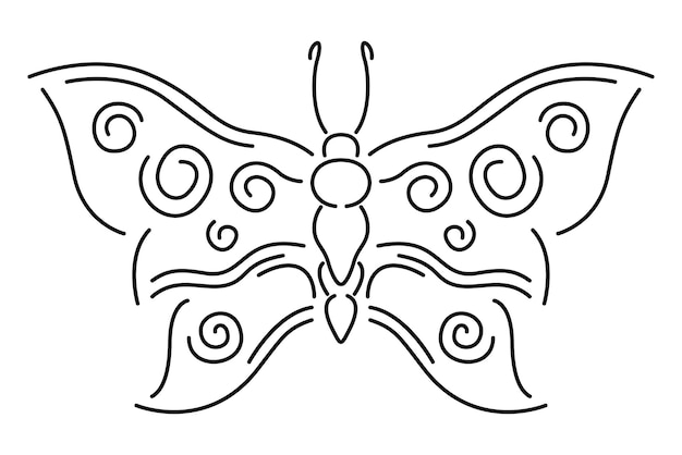 Hermosa ilustración de vector lineal monocromo con silueta de mariposa vintage aislada en el fondo blanco