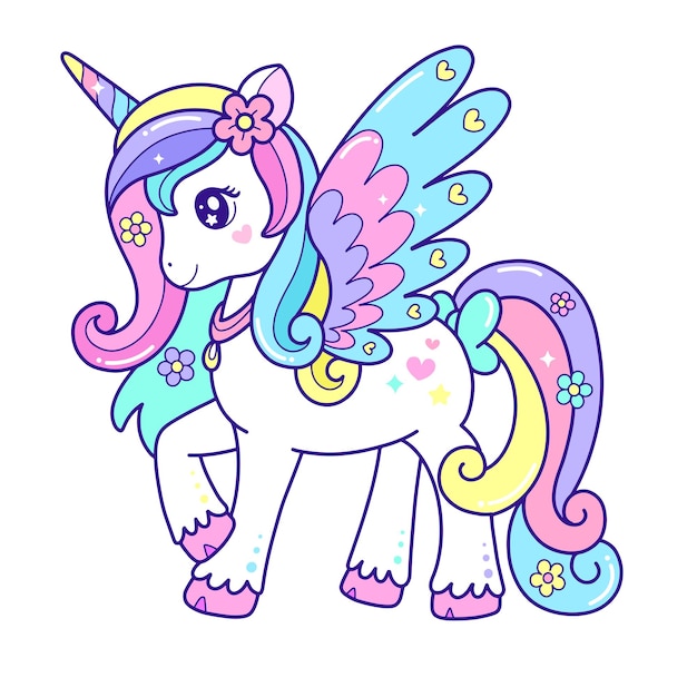 Hermosa ilustración de vector de unicornio de dibujos animados