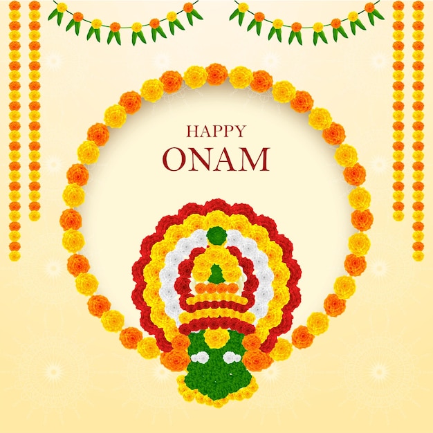 Hermosa ilustración vectorial de la celebración del festival indio Happy onam decoración con flores