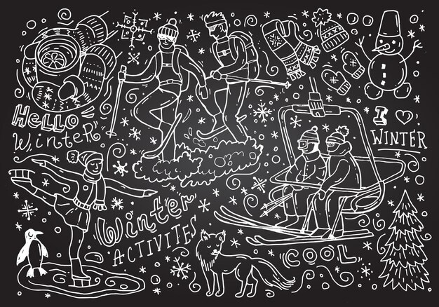 Hermosa ilustración vectorial dibujada a mano actividades deportivas de invierno Dibujo estilo Doodle