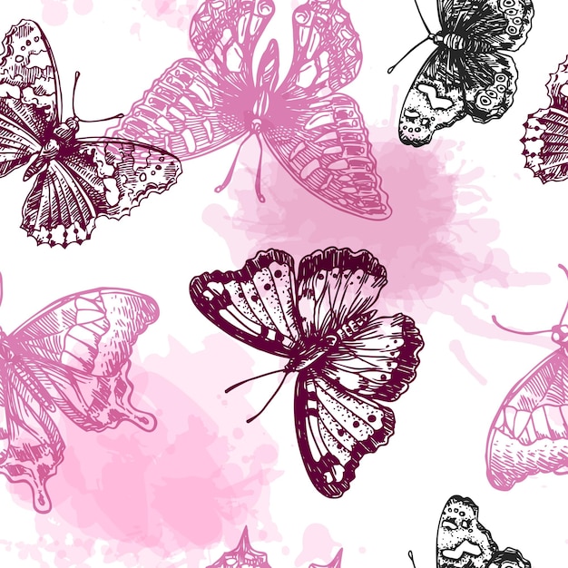 Hermosa ilustración vectorial dibujada a mano dibujo de mariposas patrón sin costuras de estilo boho uso para postales impresas para camisetas carteles invitación de boda ropa de cama de tejido