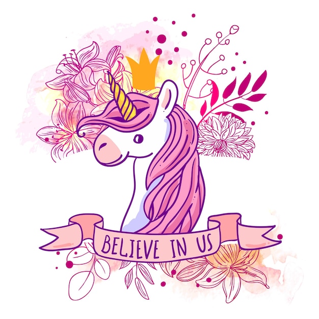 Hermosa ilustración vectorial dibujada a mano unicornio estilo de dibujos animados bueno para ropa de bebé