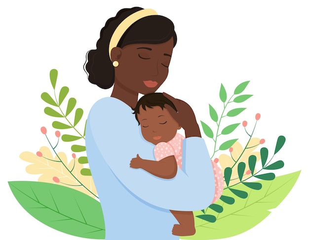 Hermosa ilustración vectorial de una mujer afroamericana feliz sosteniendo a un bebé sobre un fondo blanco Concepto del Día de las Madres felices Ilustración vectorial Estilo plano moderno