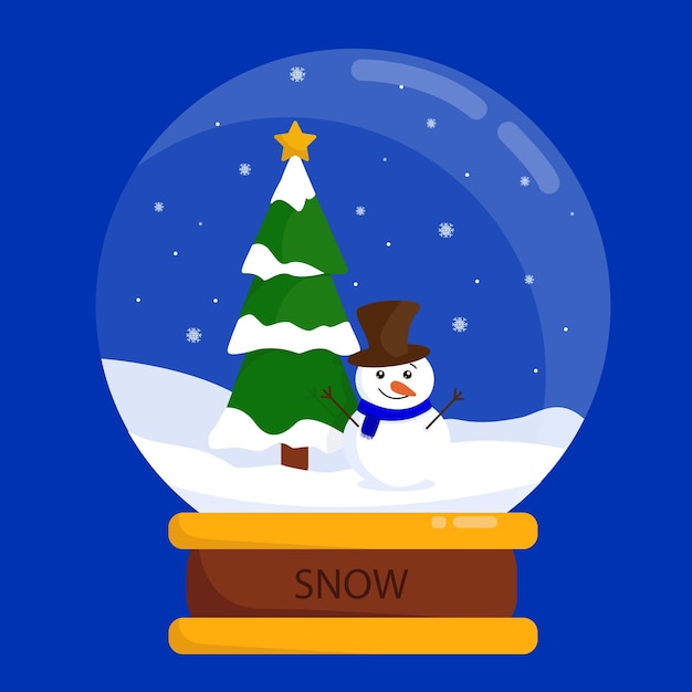 Hermosa ilustración vectorial plana de un muñeco de nieve con un árbol de Navidad en un globo de nieve