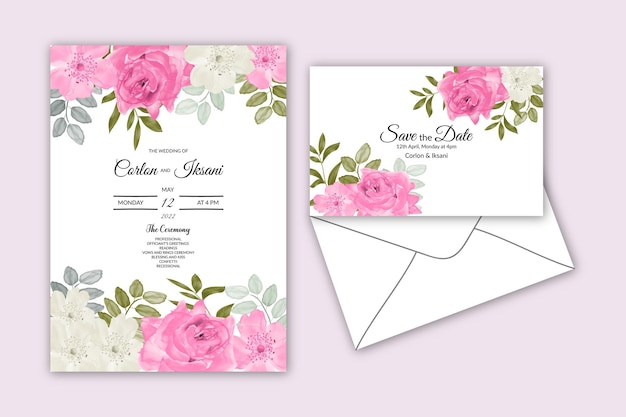 Vector hermosa invitación de boda con acuarela de flor floreciente suave vector gratuito