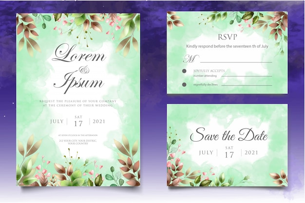 Hermosa invitación de boda en acuarela floral y plantilla de tarjeta de hojas