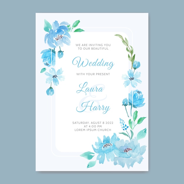 Hermosa invitación de boda con flores azules