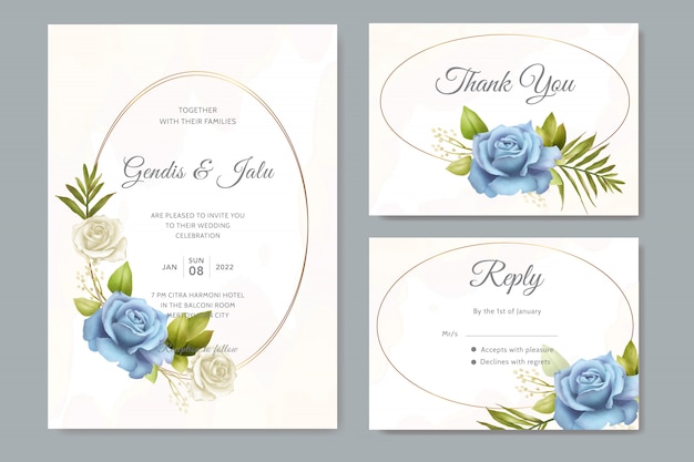 Hermosa invitación de boda con flores azules