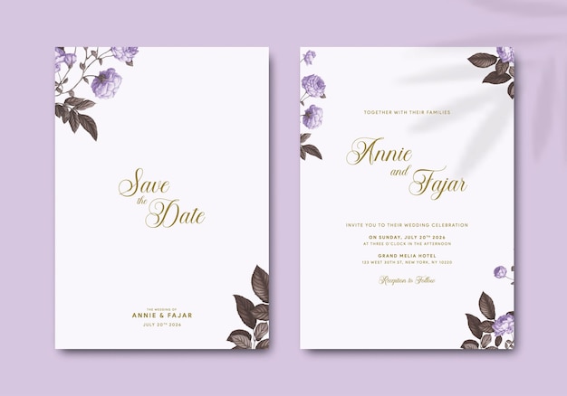 hermosa invitación de boda con flores de color púrpura ilustración vector premium