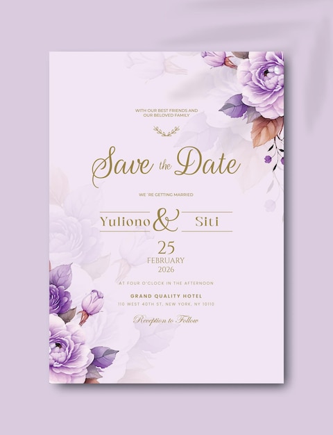 Hermosa invitación de boda individual con vector premium de acuarela floral