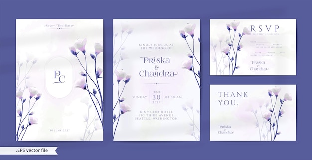 Hermosa invitación de boda muy pari púrpura con adornos de flores de acuarela