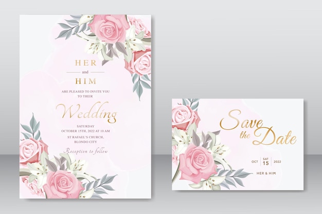 Hermosa invitación de boda con plantilla floral rosa