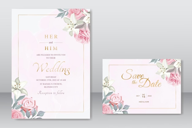 Vector hermosa invitación de boda con plantilla floral rosa