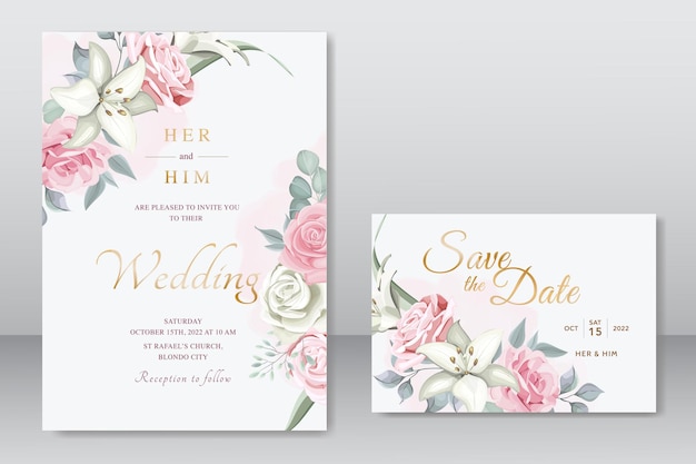 Vector hermosa invitación de boda con plantilla floral rosa