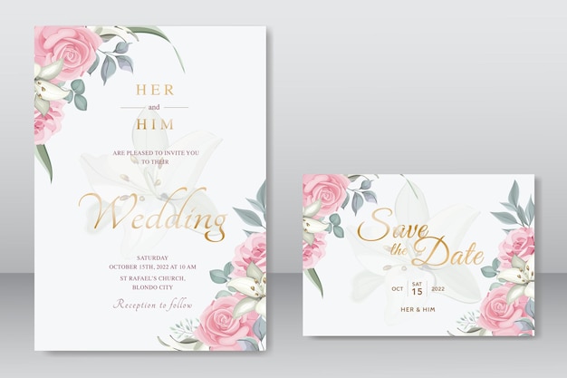 Hermosa invitación de boda con plantilla floral rosa