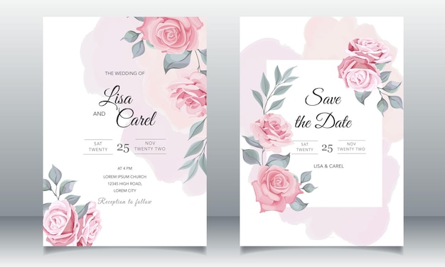 Vector hermosa invitación de boda con plantilla floral rosa