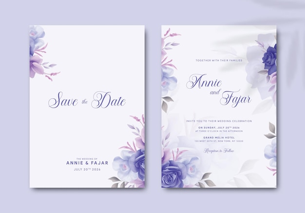 hermosa invitación de boda con ramo de flores azules ilustración vector premium