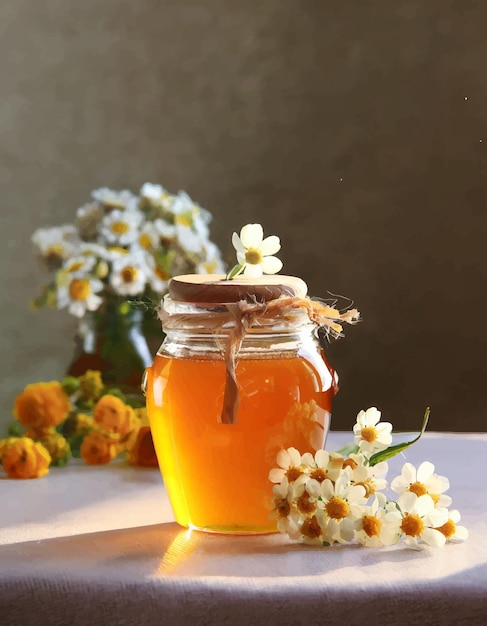 Hermosa jarra de miel con flores en la mesa