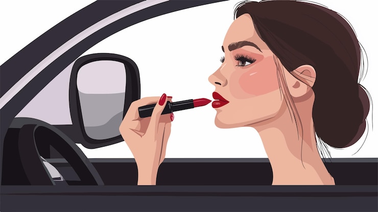 Vector una hermosa joven se aplica maquillaje de lápiz labial rojo en el reflejo del espejo