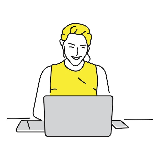 Hermosa joven asiática trabajando en una computadora portátil sonriendo.