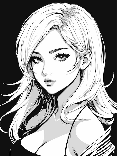 Hermosa joven boceto en blanco y negro para colorear anime artstyle ilustración retrato