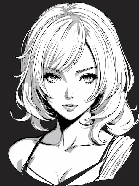 Vector hermosa joven boceto en blanco y negro para colorear anime artstyle ilustración retrato