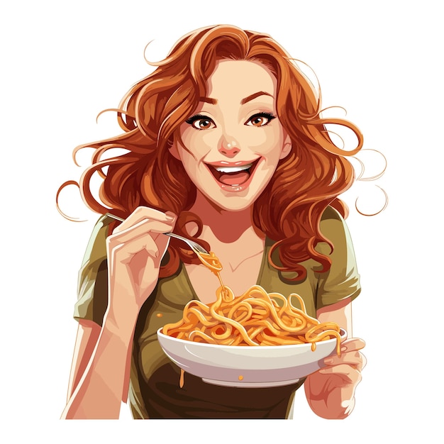 Vector una hermosa joven está comiendo pasta ilustración vectorial de dibujos animados