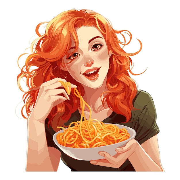 Una hermosa joven está comiendo pasta ilustración vectorial de dibujos animados