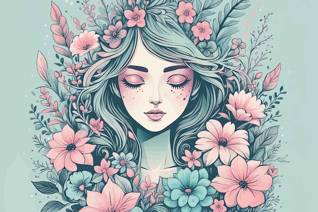 Hermosa joven en corona floral con flores ilustración vectorial arte hermosa joven en