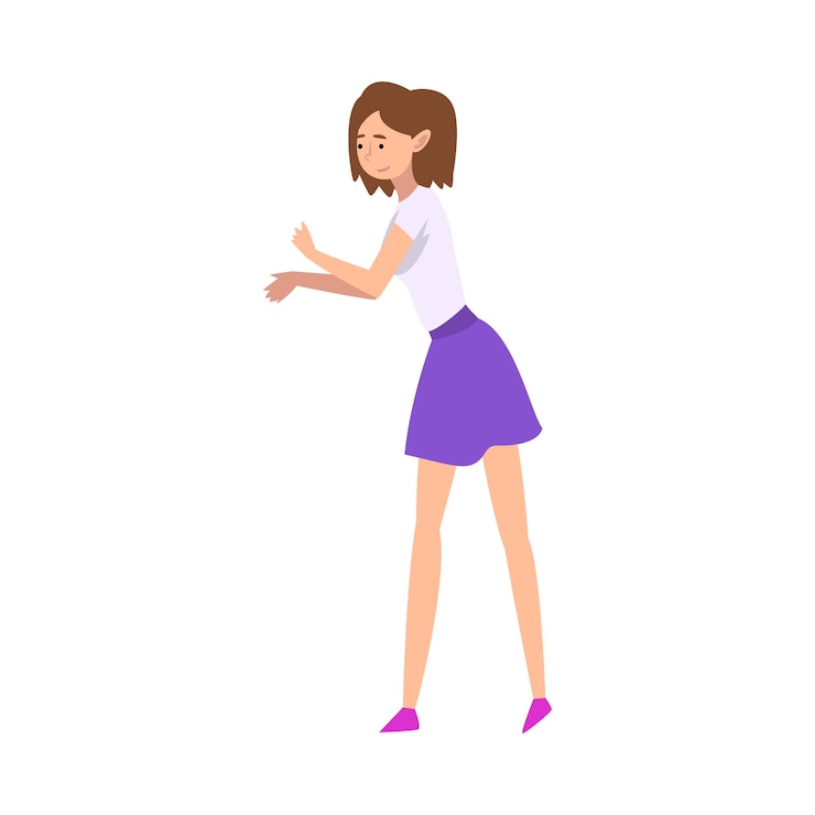Vector hermosa joven feliz con blusa blanca y falda ilustración vectorial de dibujos animados sobre fondo blanco