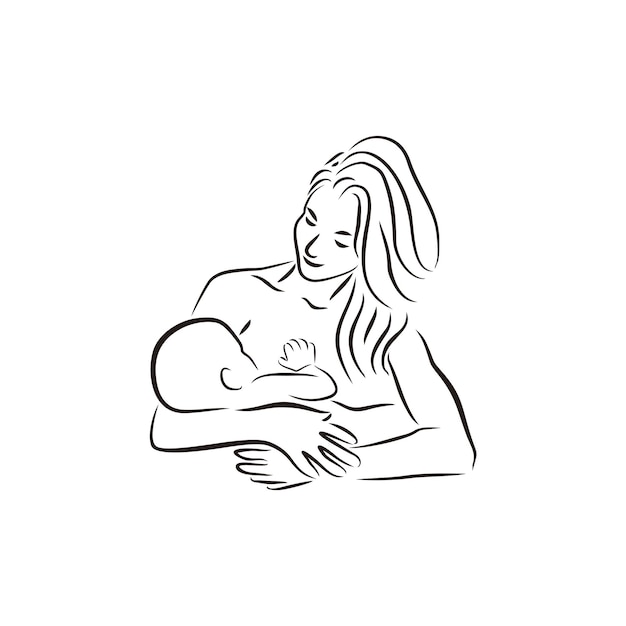 hermosa joven madre amamantando a su hijo signo silueta vector diseño ilustración